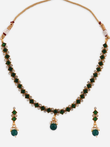 Women Gold-Plated Green Stone-Studded Jewellery Set VitansEthnics