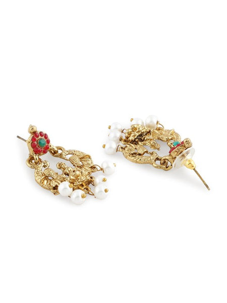 Gold-Plated Fuchsia Pink & Green Stone-Studded & Beaded Temple Jewellery Set VitansEthnics