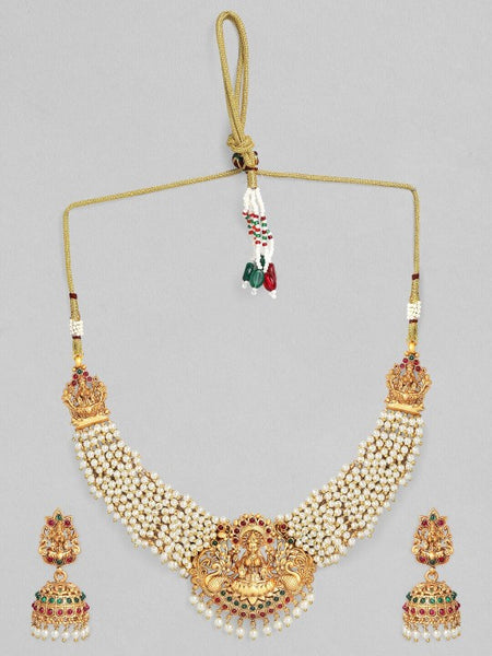 Gold Plated Ruby & Emerald Studded Pearl Beaded Divine Lakshmi Necklace Set VitansEthnics