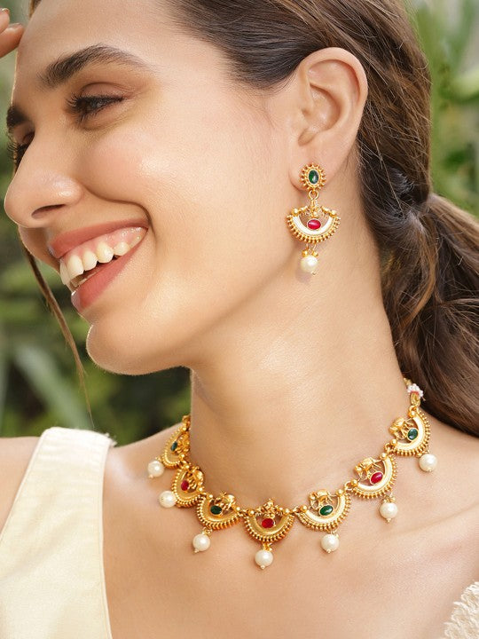 Gold-Plated Temple Necklace Set with Ruby Red & Green Stones and Pearl Drops VitansEthnics