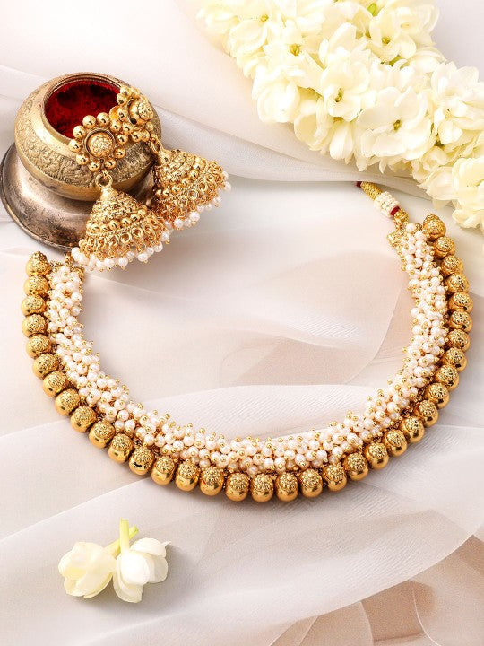 Gold-Plated Emerald Studded Traditional Choker Necklace Set with Gold Beads (Copy) VitansEthnics