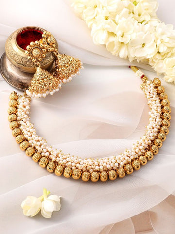 Gold-Plated Emerald Studded Traditional Choker Necklace Set with Gold Beads (Copy) VitansEthnics