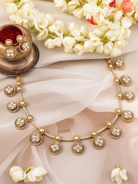 Gold-Plated White Cubic Zirconia Studded Antique Necklace Set VitansEthnics