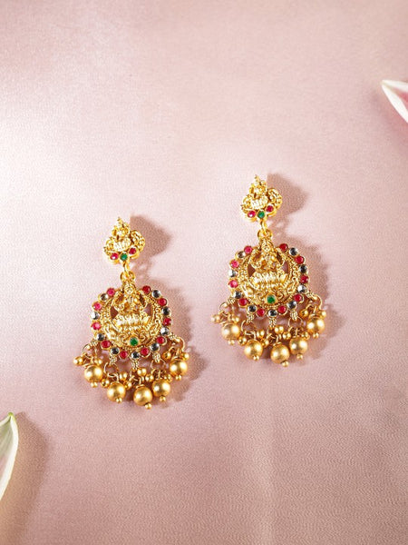 Gold Plated Red, Green & White Stone Studded Lakshmi Motif Temple Jewellery Set VitansEthnics
