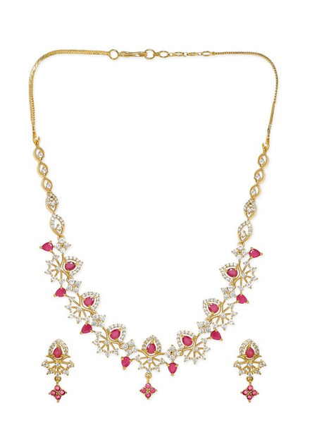 Gold Plated Ruby & Cubic Zirconia Studded Jewellery Set VitansEthnics