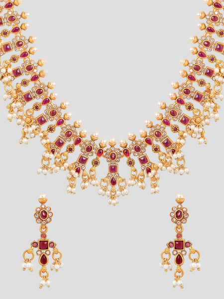 Gold-Plated Ruby Kundan & Cubic Zirconia Studded Necklace Set with Pearl Beads VitansEthnics