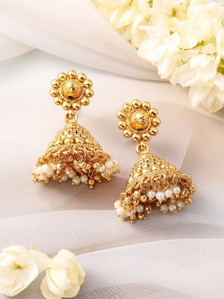 Gold-Plated White Pearl & Golden Beads Studded Beaded Traditional Jewellery Set VitansEthnics