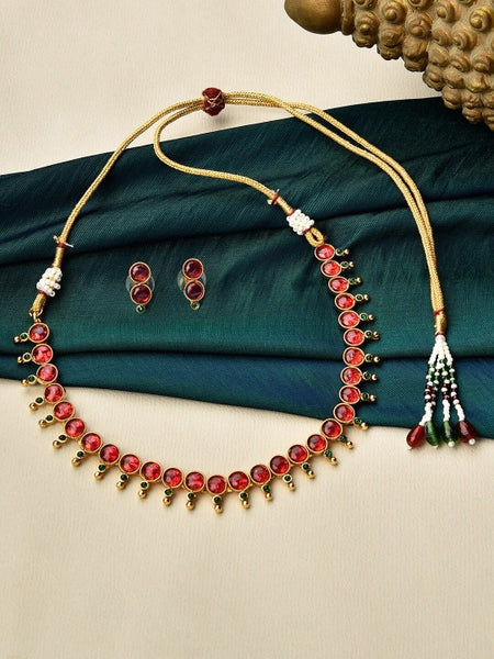 Gold-Plated Magenta Pink & Green Stone-Studded Temple Jewellery Set VitansEthnics