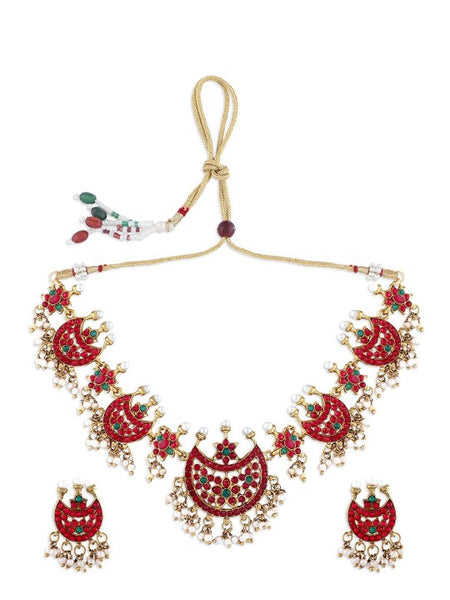 Gold-Plated Fuchsia Pink & White Stone-Studded & Pearl Beaded Handmade Temple Jewellery Set VitansEthnics