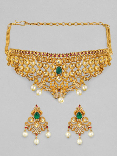 Gold-Plated White & Green Stone Studded Pearl Handcrafted Choker Set VitansEthnics