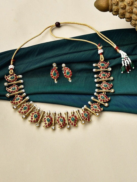 Gold-Plated Fuchsia-Pink & Green Stone-Studded & Beaded Temple Jewellery Set VitansEthnics