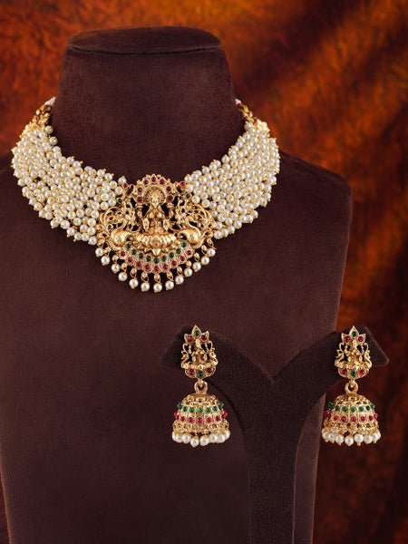 Gold Plated Ruby & Emerald Studded Pearl Beaded Divine Lakshmi Necklace Set VitansEthnics