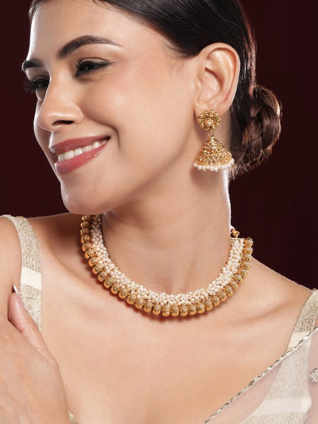Gold-Plated Emerald Studded Traditional Choker Necklace Set with Gold Beads (Copy) VitansEthnics
