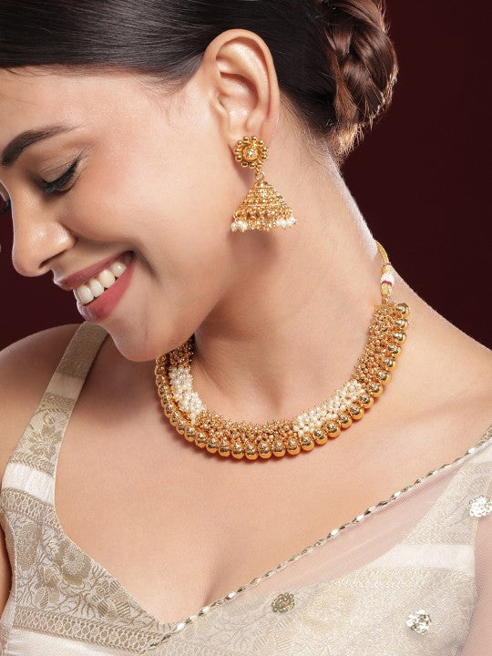 Gold-Plated White Pearl & Golden Beads Studded Beaded Traditional Jewellery Set VitansEthnics