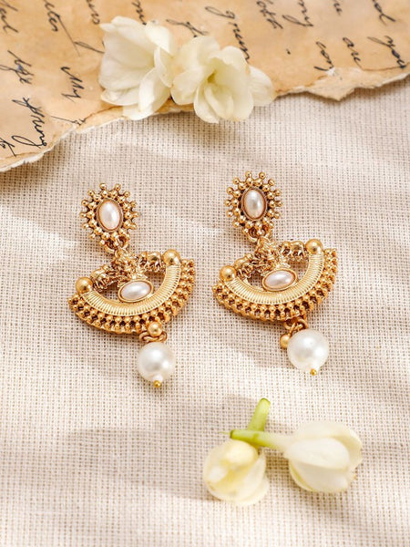 Gold-Plated Pearl and Kundan Studded Temple Necklace Set VitansEthnics