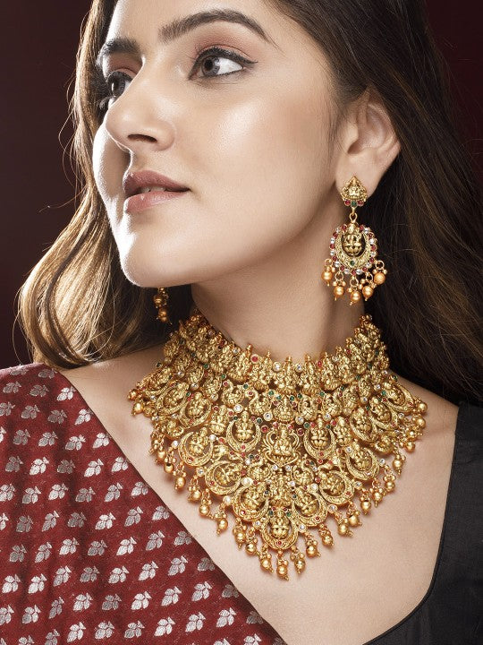 Gold Plated Red, Green & White Stone Studded Lakshmi Motif Temple Jewellery Set VitansEthnics