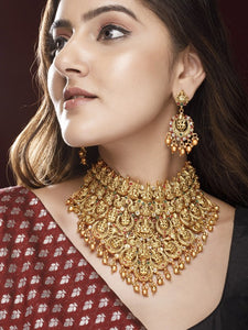 Gold Plated Red, Green & White Stone Studded Lakshmi Motif Temple Jewellery Set VitansEthnics