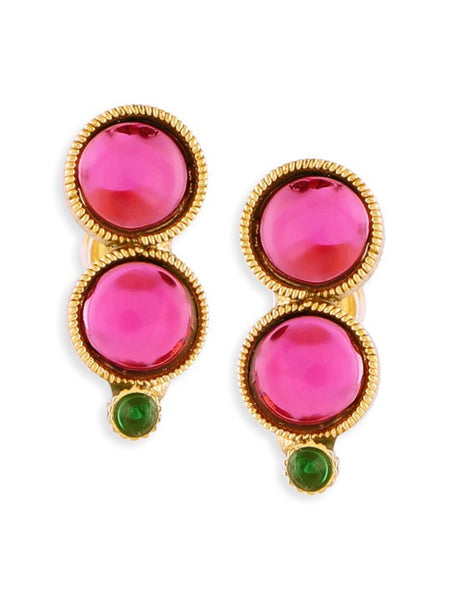 Gold-Plated Magenta Pink & Green Stone-Studded Temple Jewellery Set VitansEthnics