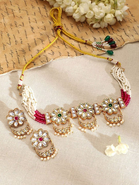 Gold-Plated Ruby,Emerald,Kundan & Floral MultiStrand Choker Set with Pearl Drop VitansEthnics