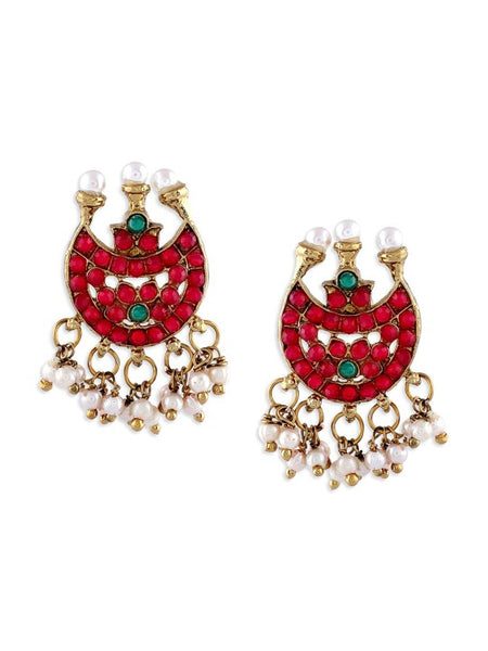 Gold-Plated Fuchsia Pink & White Stone-Studded & Pearl Beaded Handmade Temple Jewellery Set VitansEthnics