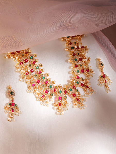 Gold Plated Handcrafted Ruby & Emerald Studded & Pearl Beaded Jewellery Set VitansEthnics