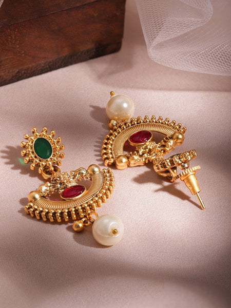 Gold-Plated Temple Necklace Set with Ruby Red & Green Stones and Pearl Drops VitansEthnics