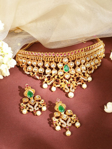 Gold-Plated White & Green Stone Studded Pearl Handcrafted Choker Set VitansEthnics