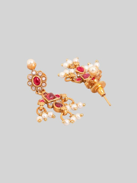 Gold-Plated Ruby Kundan & Cubic Zirconia Studded Necklace Set with Pearl Beads VitansEthnics