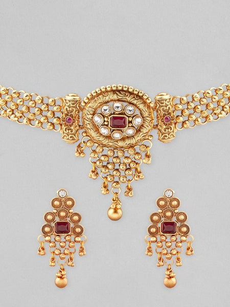 Gold Plated Ruby & White Kundan Studded Choker Jewellery Set with Golden Beads VitansEthnics
