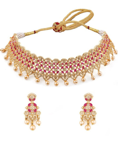 Gold-Toned & Pink Handcrafted Jewellery Set VitansEthnics
