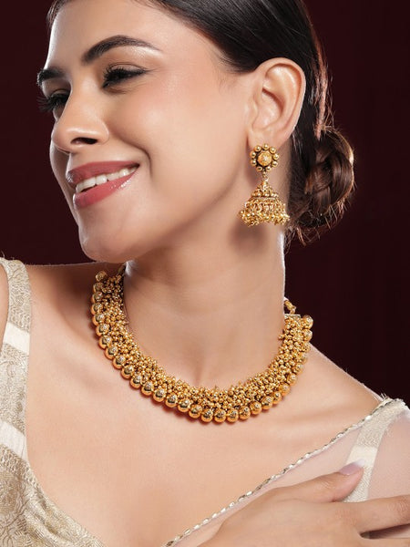 Gold-Plated Golden Beads Studded Beaded Traditional Jewellery Set VitansEthnics