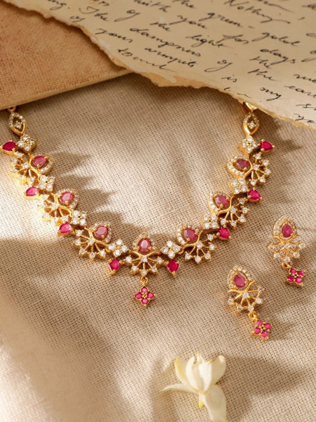 Gold Plated Ruby & Cubic Zirconia Studded Jewellery Set VitansEthnics