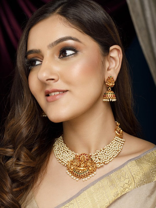 Gold Plated Ruby & Emerald Studded Pearl Beaded Divine Lakshmi Necklace Set VitansEthnics