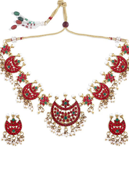 Gold-Plated Fuchsia Pink & White Stone-Studded & Pearl Beaded Handmade Temple Jewellery Set VitansEthnics