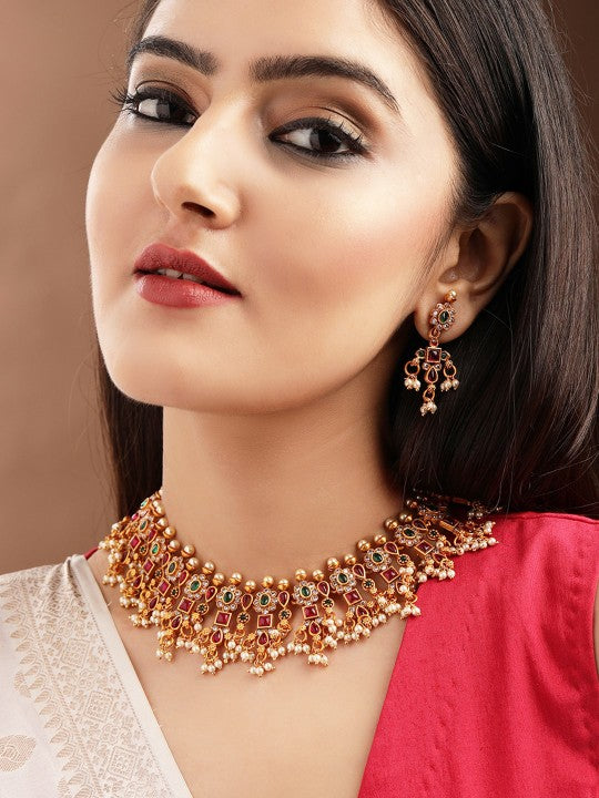 Gold Plated Handcrafted Ruby & Emerald Studded & Pearl Beaded Jewellery Set VitansEthnics