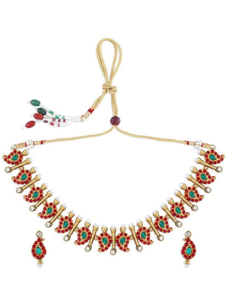 Gold-Plated Fuchsia-Pink & Green Stone-Studded & Beaded Temple Jewellery Set VitansEthnics