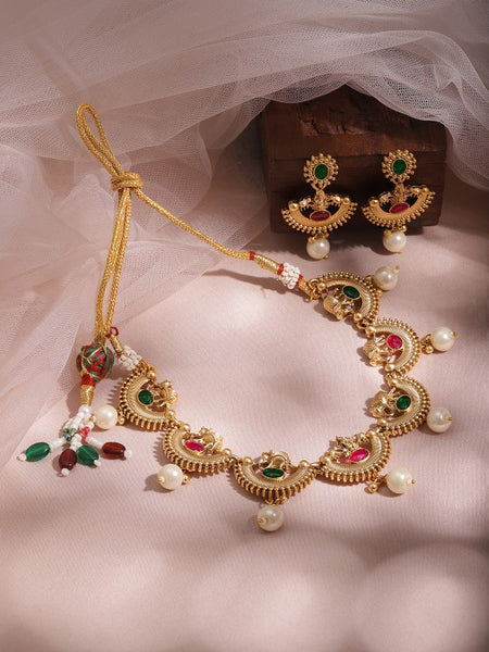 Gold-Plated Temple Necklace Set with Ruby Red & Green Stones and Pearl Drops VitansEthnics