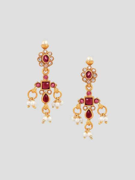 Gold-Plated Ruby Kundan & Cubic Zirconia Studded Necklace Set with Pearl Beads VitansEthnics