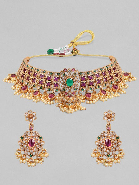 Gold Plated Handcrafted Ruby Stone & Gold Pearls Studded Choker Set VitansEthnics