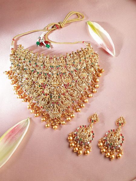 Gold Plated Red, Green & White Stone Studded Lakshmi Motif Temple Jewellery Set VitansEthnics