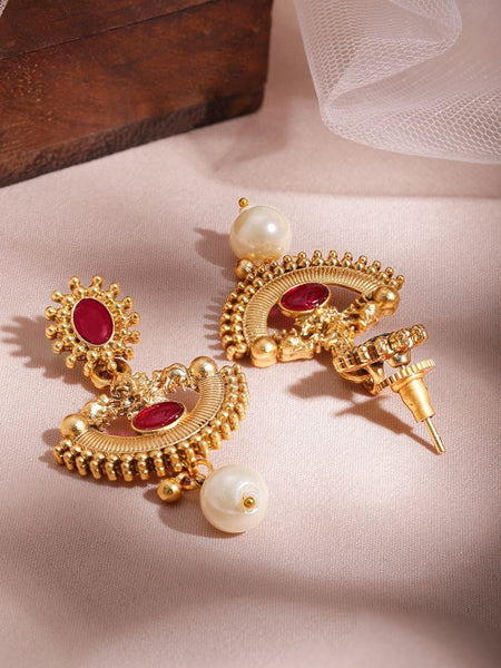 Gold-Plated Ruby Red & Pearl Beaded Statement Necklace Set with Earrings VitansEthnics