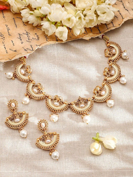 Gold-Plated Pearl and Kundan Studded Temple Necklace Set VitansEthnics