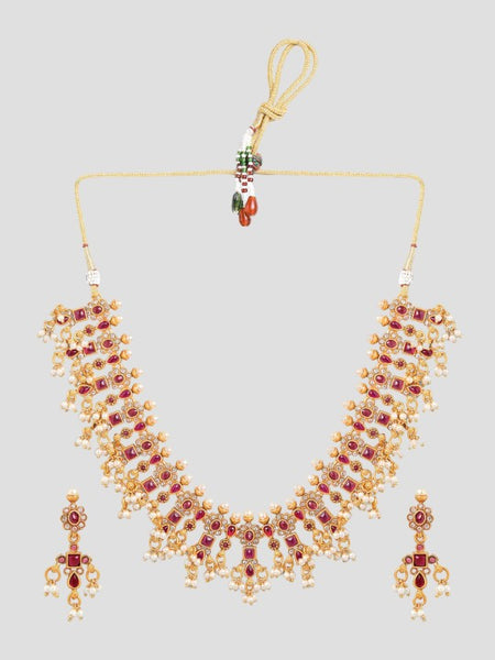 Gold-Plated Ruby Kundan & Cubic Zirconia Studded Necklace Set with Pearl Beads VitansEthnics