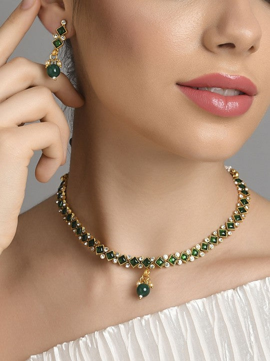Women Gold-Plated Green Stone-Studded Jewellery Set VitansEthnics