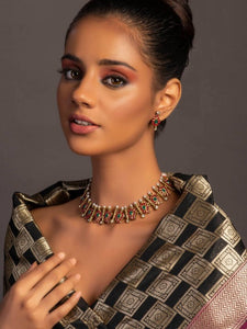 Gold-Plated Fuchsia-Pink & Green Stone-Studded & Beaded Temple Jewellery Set VitansEthnics