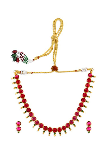 Gold-Plated Magenta Pink & Green Stone-Studded Temple Jewellery Set VitansEthnics