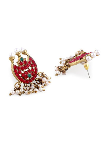 Gold-Plated Fuchsia Pink & White Stone-Studded & Pearl Beaded Handmade Temple Jewellery Set VitansEthnics