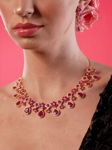 Gold Plated Ruby & White Kundan Studded Choker Jewellery Set with Golden Beads (Copy) VitansEthnics