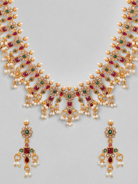 Gold Plated Handcrafted Ruby & Emerald Studded & Pearl Beaded Jewellery Set VitansEthnics
