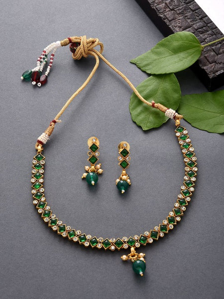 Women Gold-Plated Green Stone-Studded Jewellery Set VitansEthnics